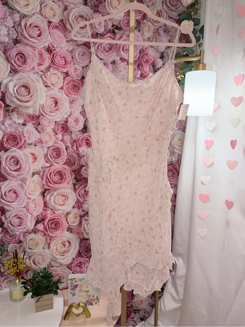 All in Favor Blush Floral Asymmetrical Ruffle Slip Dress